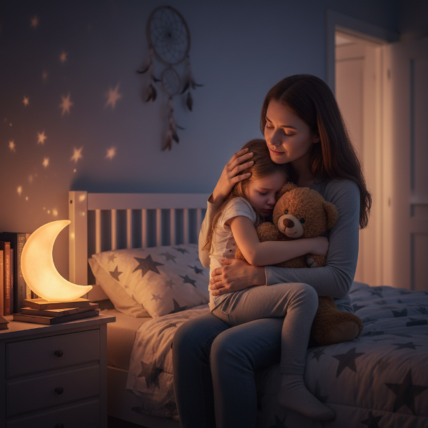 Ilustrasi seorang ibu yang menenangkan anak perempuannya yang ketakutan di malam hari, menciptakan suasana aman dan nyaman.