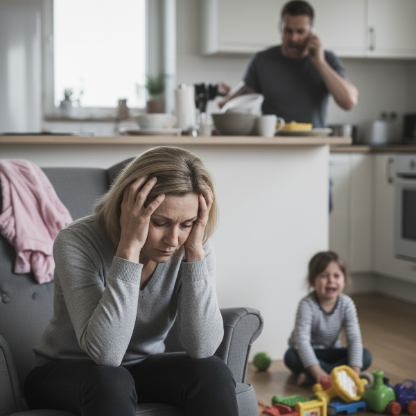 Ibu rumah tangga stres dengan sakit kepala psikosomatik akibat tekanan dari anak dan suami.