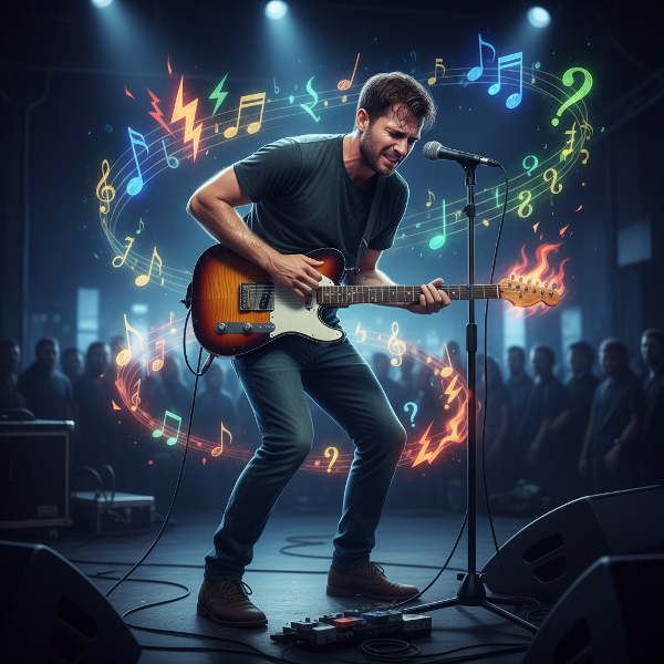 Ilustrasi seorang musisi yang mengalami nyeri perut psikosomatis saat tampil di panggung, dikelilingi simbol kecemasan dan not musik.