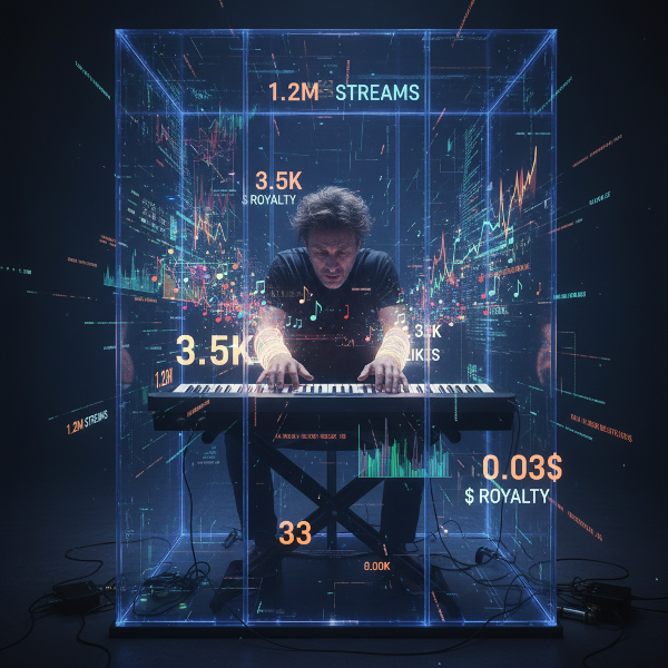 Ilustrasi seorang musisi yang terperangkap dalam sangkar digital berisi angka streaming dan like, dengan not musik yang memudar menjadi grafik data, mencerminkan kecemasan dan hilangnya kreativitas.