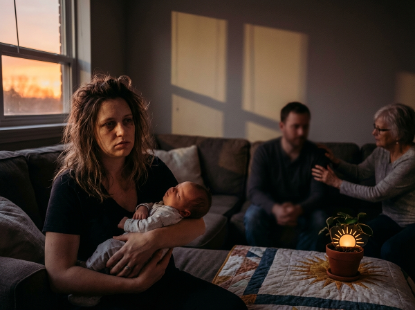 Ibu baru yang lelah dan sedih memeluk bayinya, dikelilingi cahaya lembut dan figur pendukung yang melambangkan harapan dan bantuan.