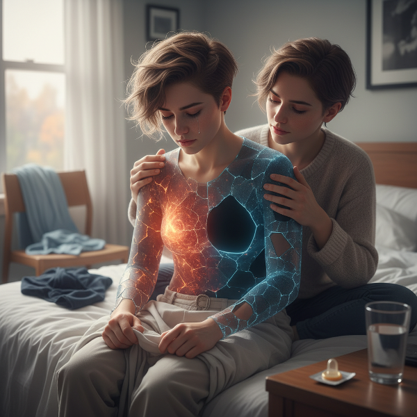 Ilustrasi seseorang yang merasa hampa dan terputus setelah pengalaman fisik yang menyenangkan, dengan tubuh yang tampak terpisah antara sensasi dan emosi, sementara pasangan mendukung dari kejauhan.