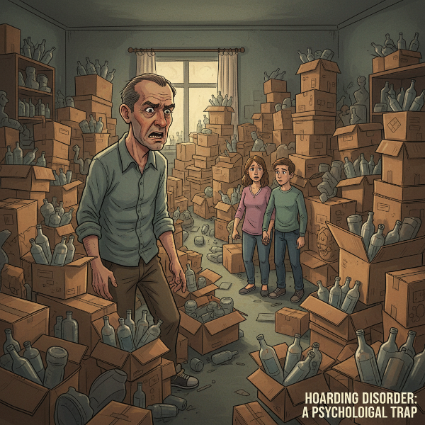 Ilustrasi seorang pria tua dikelilingi tumpukan barang bekas di rumah sempit, ekspresi stres dan konflik keluarga.