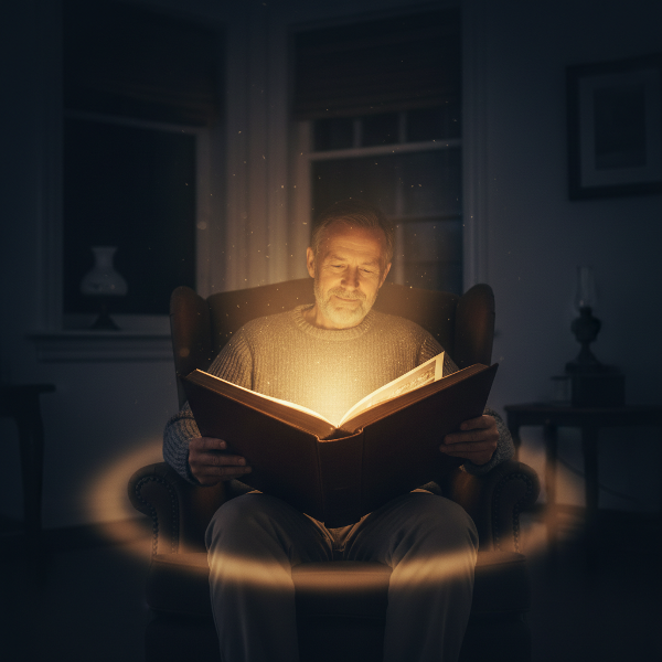 Ilustrasi seorang pria paruh baya di malam hari, memegang album foto lama yang memancarkan cahaya lembut, melambangkan konfrontasi dengan kenangan masa lalu.