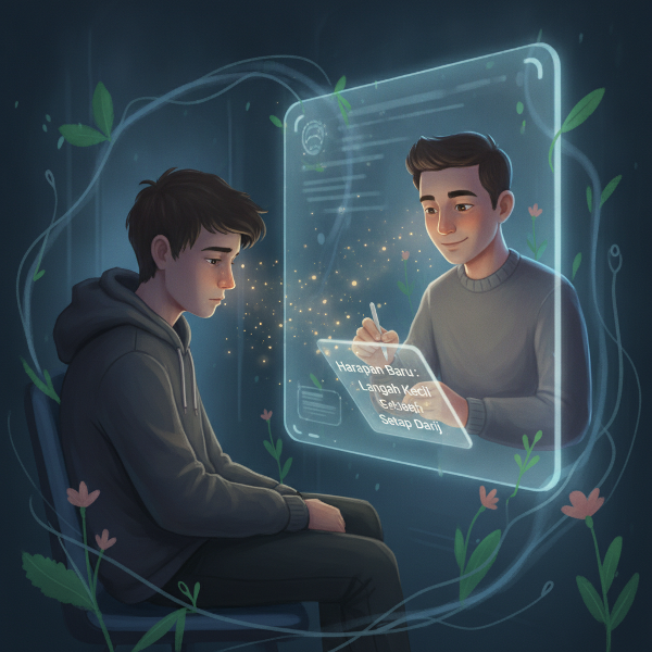 Ilustrasi sesi konsultasi psikologi online, dengan pria muda yang terlihat lelah dan hampa di depan layar, namun ada simbol harapan seperti tanaman kecil atau cahaya.