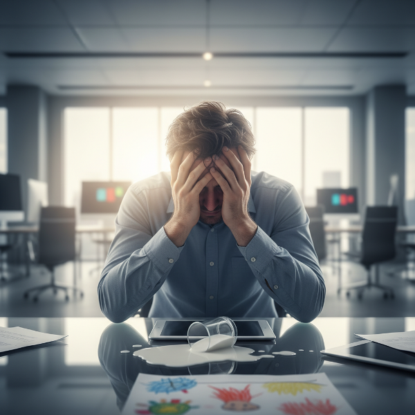 Ilustrasi seorang pria paruh baya di kantor yang kewalahan oleh stres pekerjaan dan emosi keluarga, dengan elemen simbolis seperti tumpahan susu dan cahaya ketenangan.
