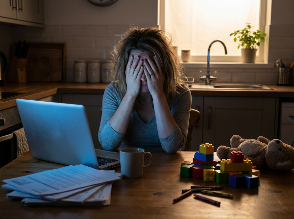 Seorang ibu bekerja yang kelelahan dan kewalahan di antara tumpukan pekerjaan kantor dan tanggung jawab rumah tangga di malam hari.