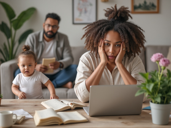 Ilustrasi seorang ibu muda yang kewalahan mengurus pekerjaan, anak, dan rumah tangga, dengan elemen cahaya lembut yang melambangkan dukungan dan harapan.