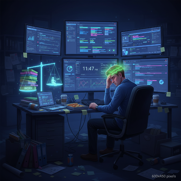 Ilustrasi seorang manajer proyek yang kelelahan di kantor larut malam, menunjukkan konflik antara tuntutan pekerjaan tinggi dan kebutuhan akan keseimbangan hidup.
