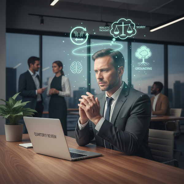 Ilustrasi seorang pria profesional di kantor yang menghadapi kecemasan sosial dan serangan panik, dengan simbol-simbol terapi dan teknik penenang di sekitarnya.