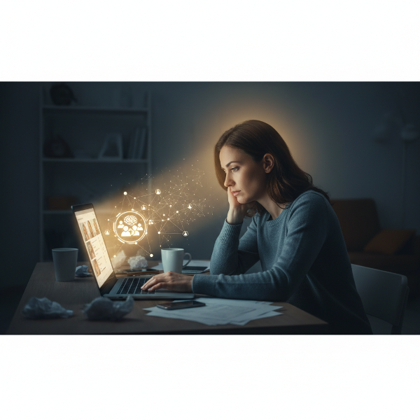 Ilustrasi seorang wanita muda yang merasa terisolasi saat kerja remote, dengan cahaya psikologis yang memberikan dukungan dan koneksi.