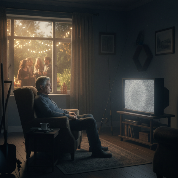 Ilustrasi seorang pria pensiunan yang merasa hampa dan terisolasi di rumahnya, sementara kehidupan sosial dan hobi lamanya terabaikan.