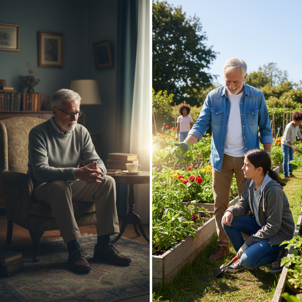 Ilustrasi seorang pria pensiunan yang awalnya merasa kosong di rumah, lalu menemukan makna baru dengan menjadi mentor di komunitas.