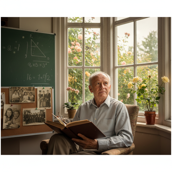 Ilustrasi Pak Harun, pensiunan guru matematika, merenung di depan jendela sambil dikelilingi simbol-simbol masa lalunya yang brilian, mencerminkan perjuangannya menemukan makna baru dan kepercayaan diri di masa pensiun.