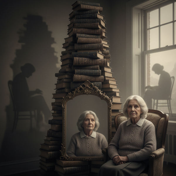 Ilustrasi seorang perawat pensiunan yang terjebak antara tumpukan buku antik dan bayangan diri yang mencerminkan penghindaran emosional.