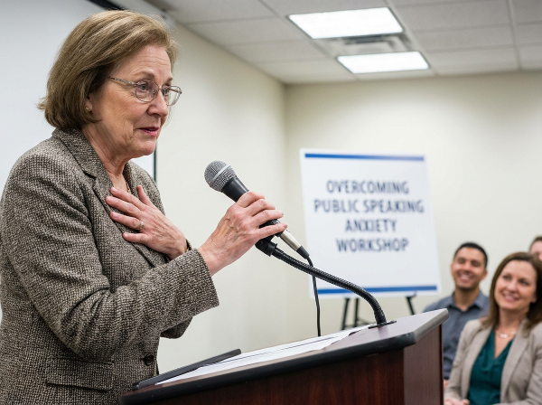 Ilustrasi seorang guru pensiun yang mengalami kecemasan berbicara di depan umum, namun menemukan jalan keluar melalui pendekatan psikologis dan penguatan diri.