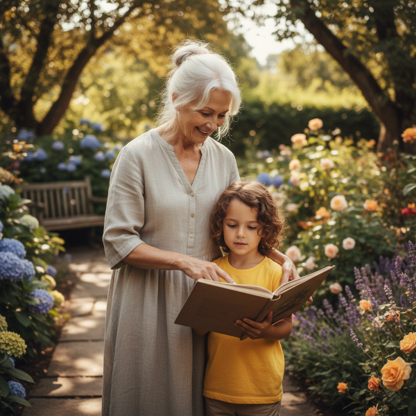 Seorang wanita paruh baya yang bijaksana, mantan guru, menemukan makna baru dengan membimbing anak muda di taman yang cerah.