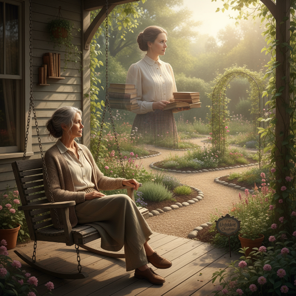 Seorang wanita paruh baya duduk di teras, dengan bayangan identitas lamanya memudar, sementara jalan baru dan pertumbuhan simbolis mengelilinginya.