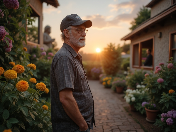 Seorang pria paruh baya merenung di taman, dikelilingi simbol peran lamanya, dengan jalan baru penemuan diri mulai terlihat.