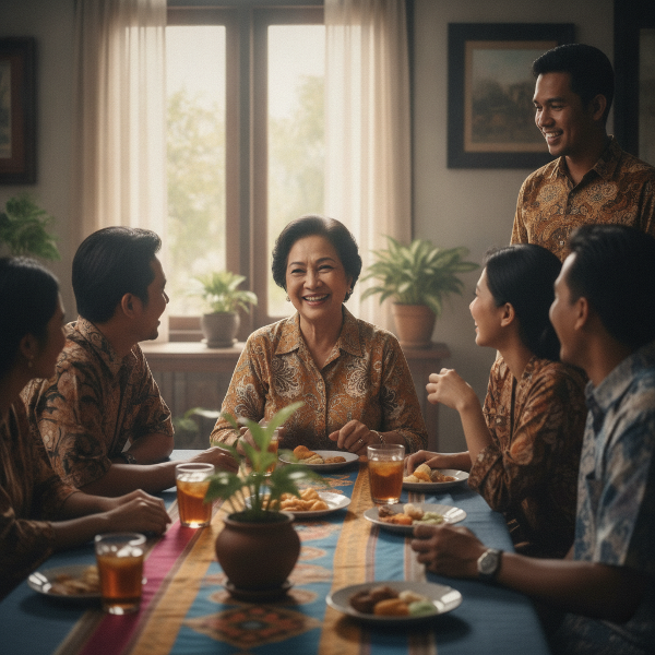 Wanita senior berinteraksi hangat dengan tetangga muda di acara sosial.