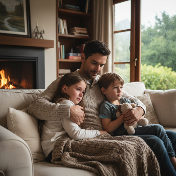Ilustrasi seorang ayah tunggal menghibur dua anaknya di dalam rumah saat musim hujan, menggambarkan dukungan emosional dan ikatan keluarga.
