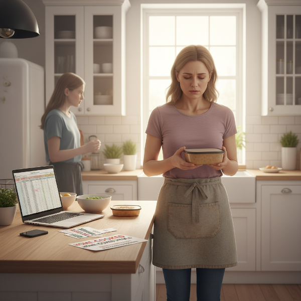 Ilustrasi seorang ibu tunggal pengusaha catering yang mengalami gejala kecemasan fisik di dapur, dengan bayangan kenangan masa kecil yang mempengaruhinya.