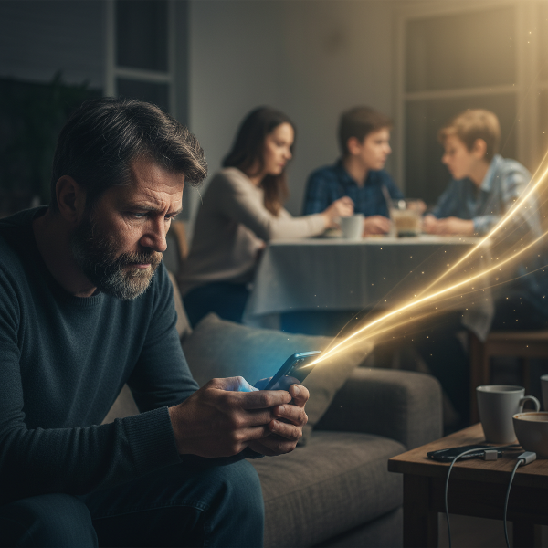 Ilustrasi seorang pria paruh baya yang terjebak dalam kecanduan media sosial, merasa lelah emosional dan terpisah dari keluarganya, dengan simbol harapan untuk pemulihan.