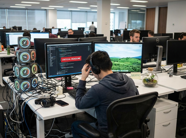 Ilustrasi seorang insinyur perangkat lunak yang menghadapi kecemasan kerja, dengan simbol tekanan dan ketenangan di lingkungan teknologi.