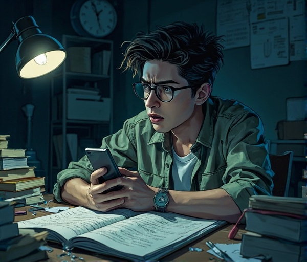 Seorang mahasiswa pria terlihat cemas saat belajar, tergoda oleh ponsel, dengan buku dan jam larut malam di sekitarnya.