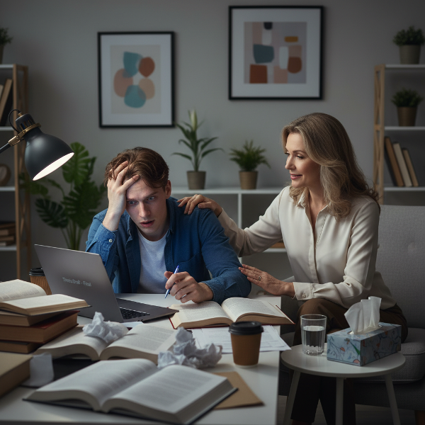 Ilustrasi mahasiswa semester akhir yang mengalami kecemasan dan burnout saat mengerjakan skripsi, dengan psikolog yang memberikan dukungan.