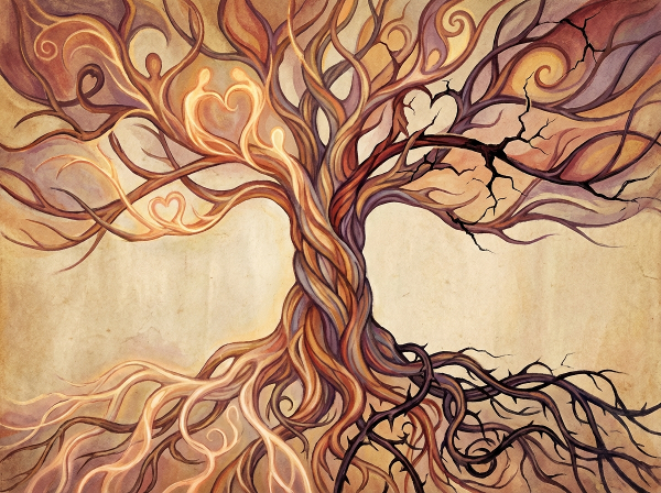 Ilustrasi abstrak pohon keluarga dengan akar dan ranting yang saling terkait, mewakili hubungan pengasuhan dan pengaruhnya yang dalam.