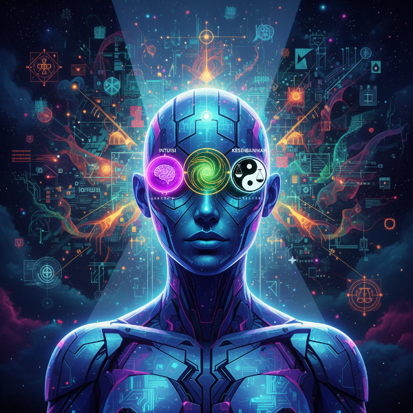 Ilustrasi figur abstrak dengan lensa kognitif berbeda yang melihat dunia melalui pola, intuisi, dan keseimbangan.