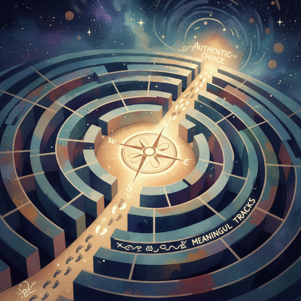 Gambar abstrak seorang individu di persimpangan jalan labirin kehidupan, dengan kompas moral bersinar menuntun ke arah cahaya dan jejak kaki yang bermakna.