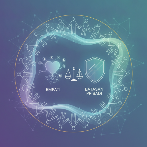 Gambar abstrak tentang keseimbangan empati dan batasan pribadi dalam interaksi sosial.