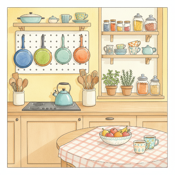 Ilustrasi dapur yang cerah dan ramah dengan berbagai benda dapur sederhana seperti penggorengan dan sendok kayu tersusun rapi.