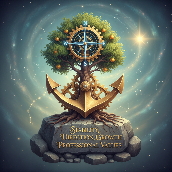 Gambar metaforis yang menggambarkan konsep 'jangkar karier' dengan elemen-elemen seperti roda gigi, kompas, dan pohon yang tumbuh di atas fondasi, melambangkan stabilitas, arah, pertumbuhan, dan nilai-nilai inti dalam konteks profesional.