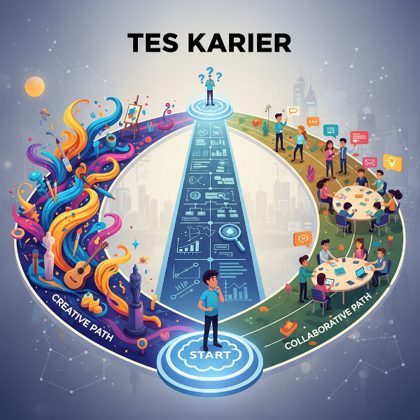 Gambar yang menggambarkan tiga jalur karier berbeda: kreatif, analitis, dan kolaboratif, sebagai simbol dari hasil tes.