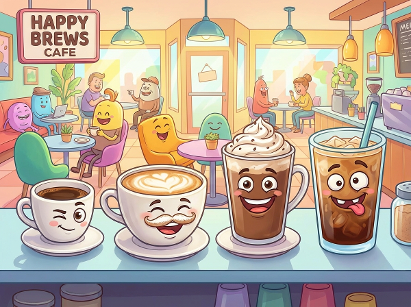 Ilustrasi kartun berbagai jenis kopi dengan ekspresi wajah lucu di dalam cangkir, berlatar belakang kafe yang cerah dan ramai.