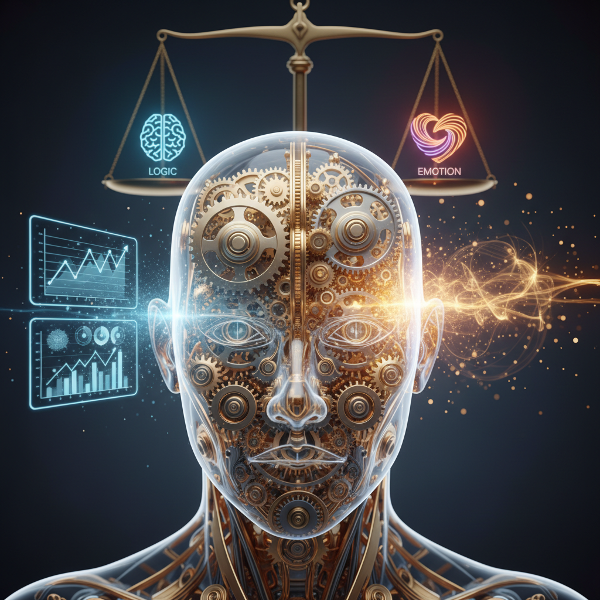 Ilustrasi kepala manusia dengan roda gigi berpikir yang menampilkan analisis dan kreativitas, dengan skala keseimbangan antara logika dan emosi di latar belakang.