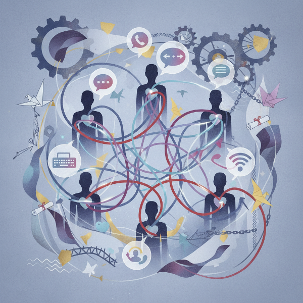 Gambar simbolis yang menggambarkan kompleksitas hubungan manusia, komunikasi, dan ikatan emosional dalam berbagai konteks sosial.