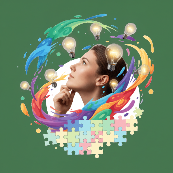 Ilustrasi seseorang berpikir dengan ide-ide berupa bola lampu dan bentuk abstrak berwarna-warni di sekitarnya, melambangkan kreativitas dan pemecahan masalah.
