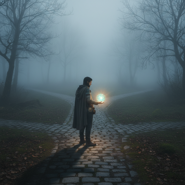 Seseorang berdiri di persimpangan jalan berkabut, memegang kompas dan bola cahaya intuisi, melambangkan pengambilan keputusan dalam ketidakpastian.