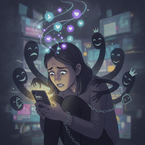 Ilustrasi seseorang memeriksa ponsel dengan notifikasi media sosial, campuran emosi cemas dan perbandingan, bayangan digital.