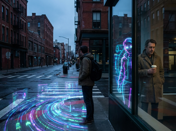 Ilustrasi seseorang di persimpangan antara aliran digital yang bercahaya dan dunia nyata, dengan refleksi diri yang terbagi.