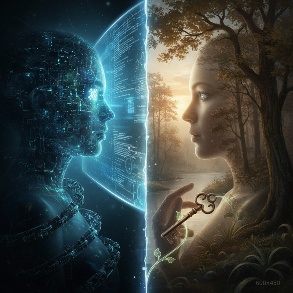 Ilustrasi seseorang terbelah antara layar digital bercahaya dan pemandangan alam yang tenang, dengan simbol rantai dan kunci yang mewakili kontrol atas teknologi.