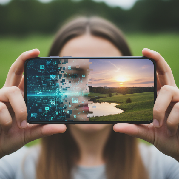 Ilustrasi seseorang yang terpantul di layar ponsel, dengan dunia digital terfragmentasi di satu sisi dan lanskap alam yang tenang di sisi lain, melambangkan keseimbangan antara kehidupan daring dan luring.