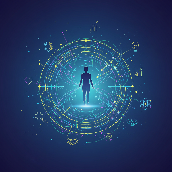 Gambar yang menunjukkan seseorang di tengah jaringan koneksi sosial yang berwarna, dengan simbol-simbol harmoni, strategi, dan inovasi di sekitarnya.