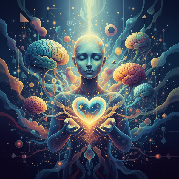Ilustrasi abstrak yang menggambarkan kecerdasan emosional melalui sosok tenang dengan hati bercahaya dan pikiran yang saling terhubung.