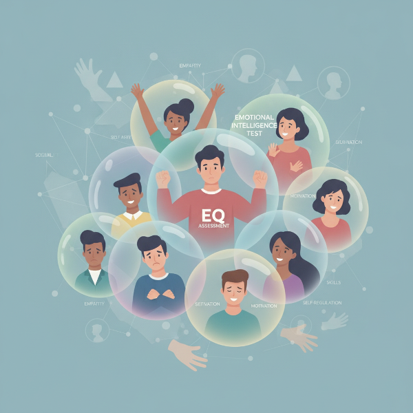 Ilustrasi orang dengan ekspresi emosi berbeda dan gelembung emosi di sekitarnya, mencerminkan interaksi sosial dan kecerdasan emosional.