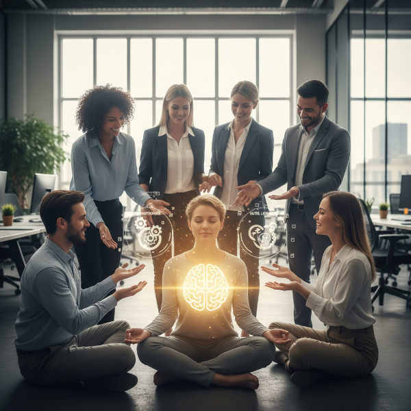 Ilustrasi seseorang bermeditasi dengan otak dan hati bercahaya, dikelilingi teman dan rekan kerja di kantor modern, melambangkan keseimbangan kecerdasan emosional.
